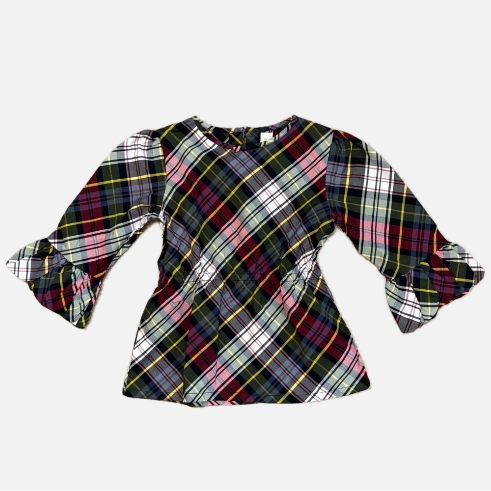Strasburg Red Green Blue Holiday Plaid Balloon Sleeve Cotton Top Girl’s 5Y